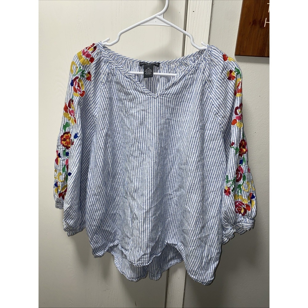 Chelsea & Theodore Blue Chambray Stripe Embroidered Shirt Blouse Women's 2x